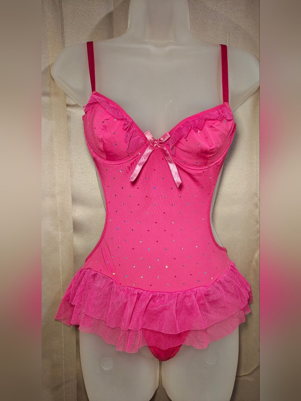 Vintage Jolie Intimates Hot Pink & Rhinestones Lingerie Teddy Bodysuit w Ruffles